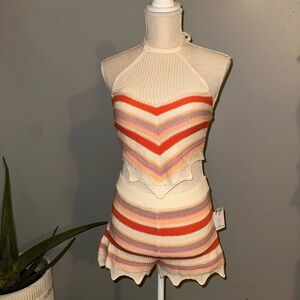 Pink Rose Knit Halter Top and Shorts Set